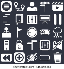 Set Of 25 icons such as Trash, Battery, Hide, Add, Rewind, Pause, Switch, , Server, Lines, User, Placeholders on black background, web UI editable icon pack
