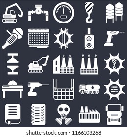 Set Of 25 icons such as Truck, Factory, Gas mask, Planning, Book, Drill, Elevator, Saw, Sanding machine, Gauge, Pump on black background, web UI editable icon pack