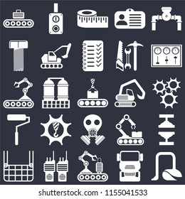 Set Of 25 icons such as Vacuum, Truck, Conveyor, Walkie talkie, Elevator, Control panel, Digger, Gas mask, Roller, Bolt, Measure, Switch on black background, web UI editable icon pack