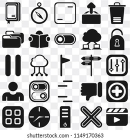 Set Of 25 icons such as Video player, Multiply, Server, Clock, Menu, Locked, Street, Lines, User, Folder, Frame, Compass, web UI transparent icon pack, pixel perfect