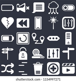 Set Of 25 icons such as Video player, Add, Trash, Lines, Shuffle, Controls, More, Wireless internet, Street, Dislike, Notification, Mute on black background, web UI editable icon pack