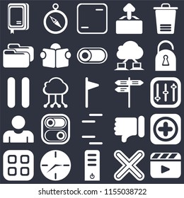 Set Of 25 icons such as Video player, Multiply, Server, Clock, Menu, Locked, Street, Lines, User, Folder, Frame, Compass on black background, web UI editable icon pack