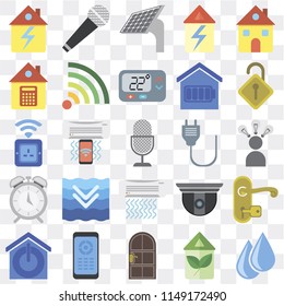 Set Of 25 icons such as Water, Eco home, Door, Remote, Smart Locked, Plug, Air conditioner, Alarm, Home, Panel, Microphone, web UI transparent icon pack, pixel perfect