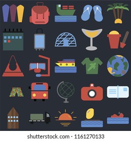 Set Of 25 icons such as Water craft, Parasailing, Sunset, Trailer, Hotel, Sand bucket, Shirt, Globe, Swimsuit, Calendar, Ship, Backpack on black background, web UI editable icon pack
