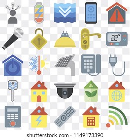 Set Of 25 icons such as Wifi, Home, Remote, Intercom, Thermostat, Dial, Security camera, Smart key, Microphone, Deep, Power, web UI transparent icon pack, pixel perfect