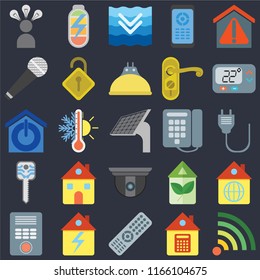 Set Of 25 icons such as Wifi, Home, Remote, Intercom, Thermostat, Dial, Security camera, Smart key, Microphone, Deep, Power on black background, web UI editable icon pack