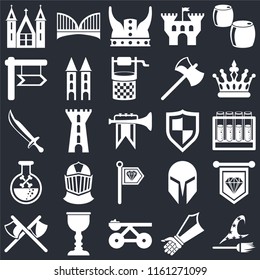 Set Of 25 icons such as Witch, Gauntlet, Trebuchet, Goblet, Axes, Crown, Shield, Standard, Poison, , Viking, Bridge on black background, web UI editable icon pack