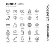 Set of 25 india linear icons such as Sac cow, Rickshaw, Ricksaw, ratha-yatra, Rangoli, Nut, Malai kofta, Kumbh kalash, Krishna, vector illustration of trendy icon pack. Line icons with thin line