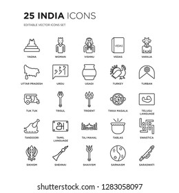 Set of 25 india linear icons such as Yagna, Woman, Vishnu, vedas, Varaja, Turban, telugu language, Swastica, Shehnai, vector illustration of trendy icon pack. Line icons with thin line stroke.