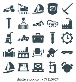 Set of 25 industrial filled icons such as nail, toolbox, saw blade, construction, excavator, vice clamp, welding glasses, sailboat, cargo on palette, cargo wagon