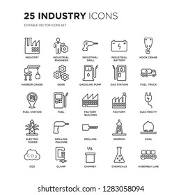 Set Of 25 Industry Linear Icons Such As Industry, Industrial Engineer, Drill, Battery, Hook Crane, Vector Illustration Of Trendy Icon Pack. Line Icons With Thin Line Stroke.