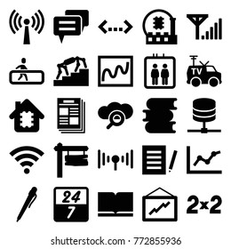Set of 25 information filled icons such as elevator, book, graph, pen, document, chart, direction board, cpu in house, cpu, stairs, newspaper, tv van, server, search cloud