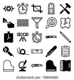 Set of 25 instrument filled and outline icons such as thermometer, trowel, electric saw, tape, pressure, microscope, piano, harmonic, brick wall, screwdriver, cutter, crop