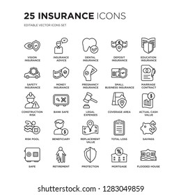 Set Of 25 Insurance Linear Icons Such As Vision Insurance, Insurance Advice, Dental Deposit, Vector Illustration Of Trendy Icon Pack. Line Icons With Thin Line Stroke.