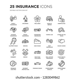 Set of 25 Insurance linear icons such as Family insurance, Wounded, Wellness, Vehicle repair, Unemployed, Stone on the road, vector illustration of trendy icon pack. Line icons with thin line stroke.