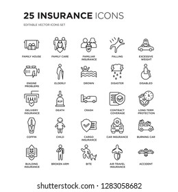 Set of 25 Insurance linear icons such as Family House, Care, Familiar insurance, Falling, vector illustration of trendy icon pack. Line icons with thin line stroke.