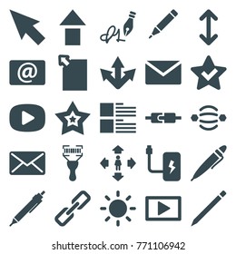 Set of 25 interface filled icons such as man move, pen, pointer, star, mail, arrow up, atom interaction, bar code scanner, email, plug in power socket, arrow