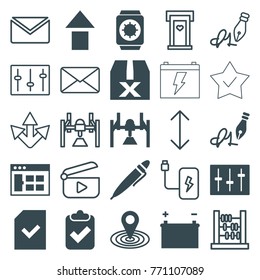 Set of 25 interface filled and outline icons such as map location, browser window, arrow up, clipboard with tick, box, question box, sliders, file, ink pen, pen, battery