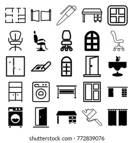 Set of 25 interior filled and outline icons such as plan, window, office desk, washing machine, curtain, wardrobe, office chair, gate, restaurant table, door, barber chair