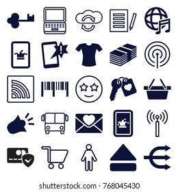 Set of 25 internet filled and outline icons such as poker on phone, t-shirt, important message, love letter, heart key, structure, eject button, international music, siren