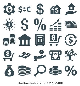 Set of 25 investment filled icons such as coin, money sack, dollar, atm money withdraw, bank, percent, hand on coin, dolar growth, dollar search, gold, safe, house insurance