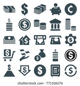 Set of 25 investment filled icons such as coin, atm money withdraw, dollar down, money on hand, dollar, coin, piggy bank, dolar growth, bank