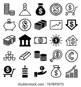 Set of 25 investment filled and outline icons such as coin, money sack, dollar down, dollar, money, bank, hand on coin, dolar growth, gold, line graph