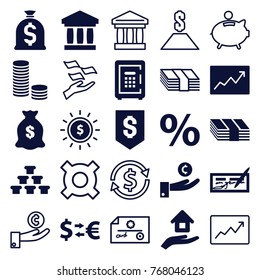 Set of 25 investment filled and outline icons such as money sack, money exchange, percent, hand on coin, check, bank, coin, gold, safe, dollar in sun, line graph