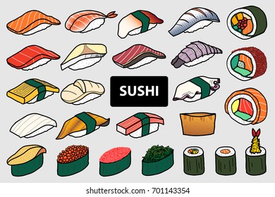 Set of 25 isolated colorful sushi and roll. Cute japanese food illustration hand drawn style. 