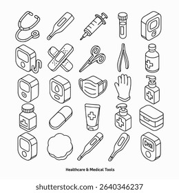 Set of 25 isometric line icons depicting medical tools, first aid items, and healthcare equipment. Great for apps, infographics, and educational materials