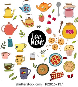 set of 25 items with the inscription in English "Tea hour": teapots, cups, tea bag, teaspoon, jar of jam, jar of honey, honey spoon, cherry pie, pie, Apple pie, pot holder, candle, cookies, cupcake