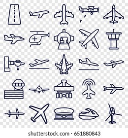 set of 25 jet outline icons such as runway, plane, plane taking off, plane landing, jetway, airport tower, airport, medical helicopter, helicopter