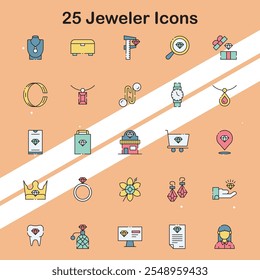 Set of 25 jeweler icons representing jewelry gems and accessories for fashion and design.