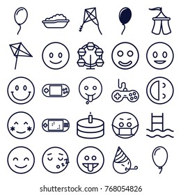 Set of 25 joy outline icons such as balloon, baby bath, joystick, kite, smile, smiling emot, blush, laughing emot, emoji in mask, emoji showing tongue, carousel