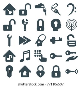 Set of 25 key filled icons such as key, wrench, lock, music note, open lock, hand on atm, head with keyhole, keyhole, bass clef