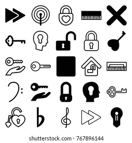 Set of 25 key filled and outline icons such as lock, piano, opened lock, heart key, head with keyhole, keyhole, stop, fast forward, bemol, cancel, key, treble clef