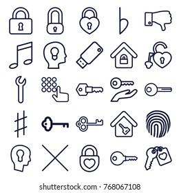 Set of 25 key outline icons such as key, lock, music note, hand on atm, heart lock, heart key, head with keyhole, dislike, musical sharp, bemol, cancel, usb drive, lock home