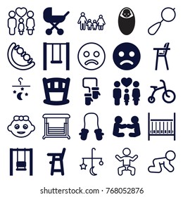Set of 25 kid filled and outline icons such as baby stroller, child bicycle, sad smiley, swing, family, bed mobile