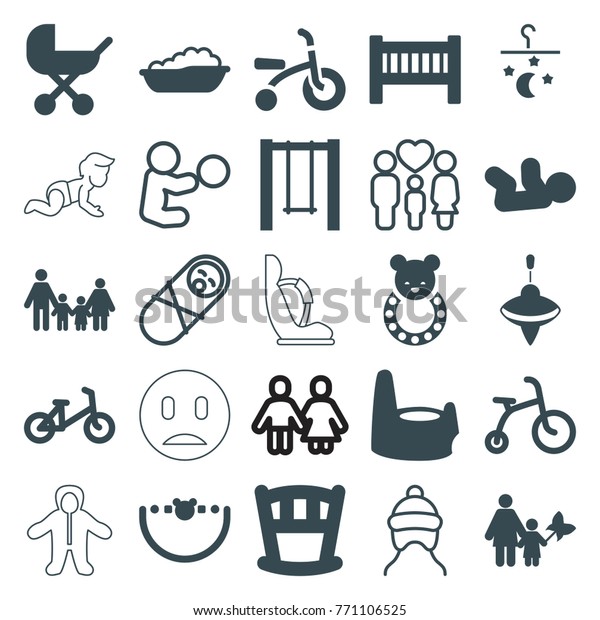 Set of 25 kid filled and outline icons\
such as baby stroller, baby bed, child bicycle, family, mother and\
son, swing, newborn child, bed mobile,\
whirligig