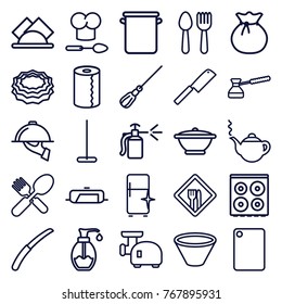 Set of 25 kitchen outline icons such as pan, spoon and fork, teapot, mop, sponge, cooker, paper towel, clean fridge, sack, fork and spoon, gardening knife, spray bottle, soap
