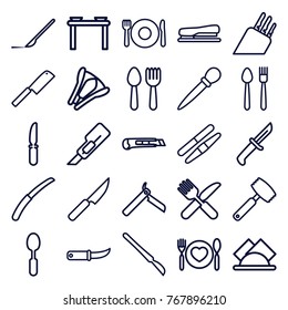 Set of 25 knife outline icons such as spoon and fork, plate fork and spoon, bllade razor, nail sawing, sawing, cutter, scalpel, stapler