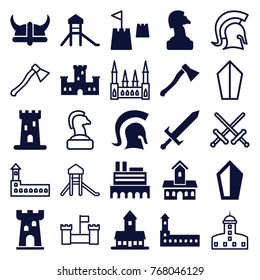 Set of 25 knight filled and outline icons such as castle, chess horse, sword, castle tower, knight, helmet