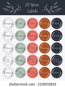 A set of 25 labels for spices. Food stickers for marking jars and containers. Organization of pantry space.