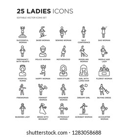 Set of 25 Ladies linear icons such as Successful woman, Skier Woman, Sewing Self Confidence, Sad Middle Age Lady, vector illustration of trendy icon pack. Line icons with thin line stroke.