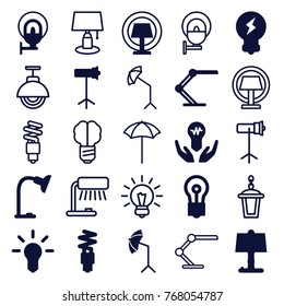 Set of 25 lamp filled and outline icons such as bulb, table lamp, bulb in hand, studio umbrella, studio lapm