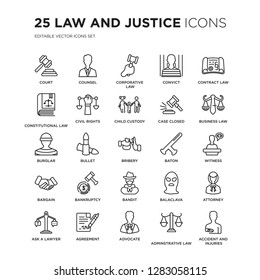 Set of 25 law and justice linear icons such as Court, counsel, corporative law, Convict, contract business Witness, vector illustration of trendy icon pack. Line icons with thin line stroke.