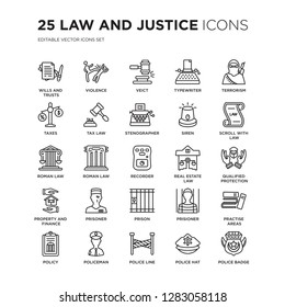 Set of 25 law and justice linear icons such as wills trusts, Violence, Veict, Typewriter, terrorism, Scroll with, vector illustration of trendy icon pack. Line icons with thin line stroke.