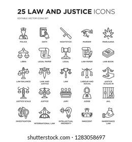 Set of 25 law and justice linear icons such as Police, Oath, Nightstick, murder, Marijuana, Law book, scales in Hand, vector illustration of trendy icon pack. Line icons with thin line stroke.