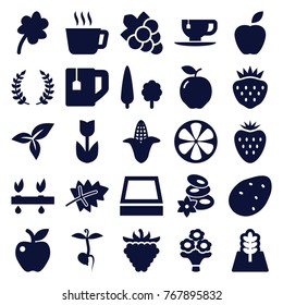 Set of 25 leaf filled icons such as leaf, potato, apple, corn, spa stones, clover, grape, flower, tea, tea cup, strawberry, raspberry, sprout, lemon, plant, bouquet flower