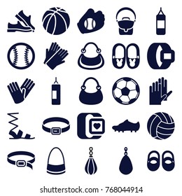 Set of 25 leather filled icons such as baby shoes, gloves, sandals, bag, belt, boxing bag, basketball, soccer trainers, baseball glove, baseball, volleyball, football